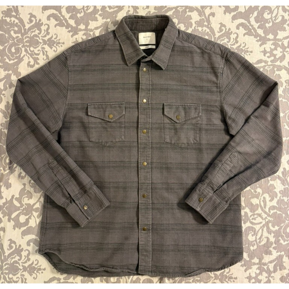 Billy Reid Mens moleskin shirt, size Medium brass snaps, grey